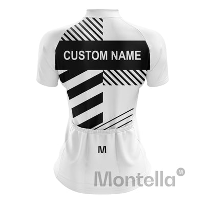 Custom Women Cycling Jersey - White Black with black and white geometric design and customizable team name text on back.