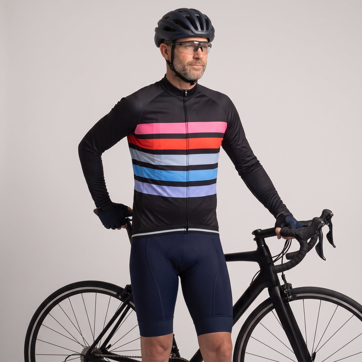 Jersey de ciclismo de manga larga de Oxford de rayas negras para hombres