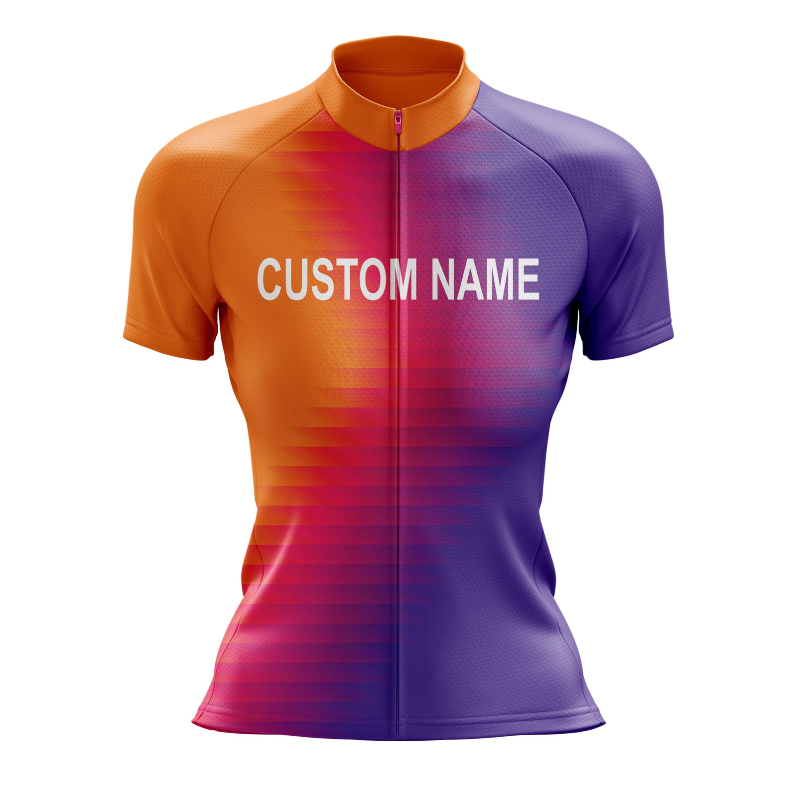 Custom Women Cycling Jersey - Orange with purple gradient, short sleeves, front zipper, and customizable text design.
