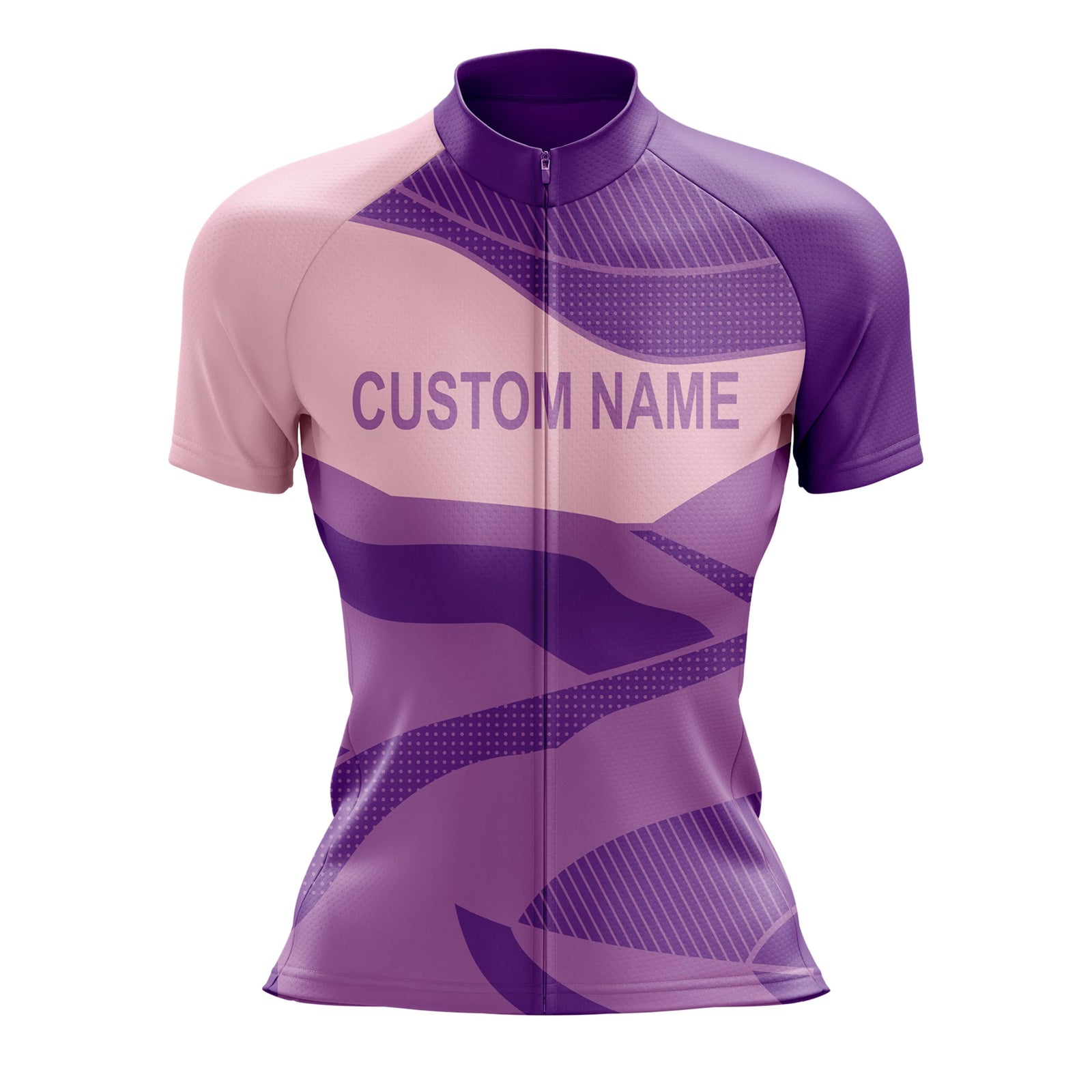 Custom Women Cycling Jersey - Purple with custom name, breathable fabric, and reflective design for comfort and safety.