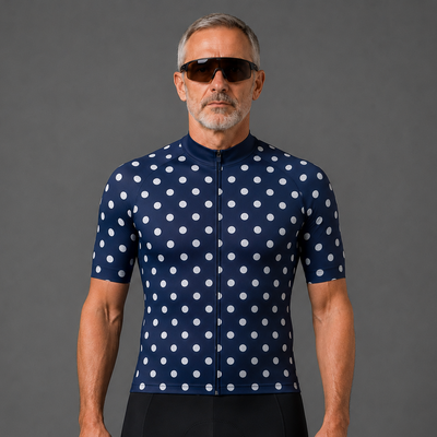 A man wearing a navy blue short-sleeve cycling jersey with white polka dots and black cycling shorts, standing against a solid gray studio background.