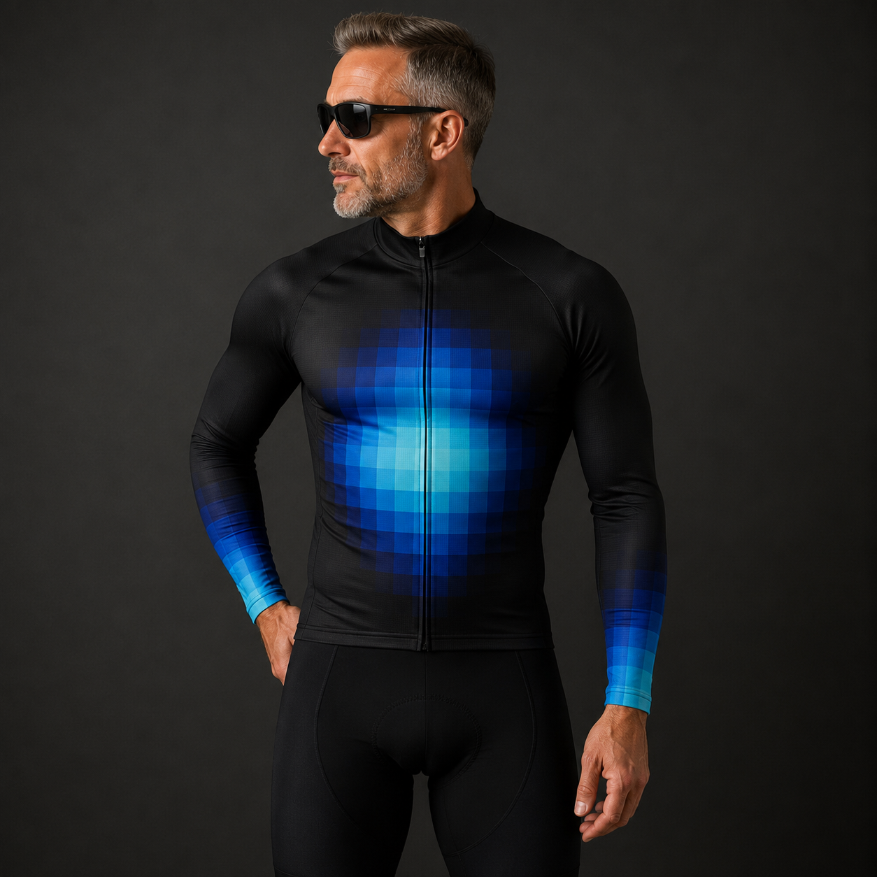 A man wearing a black long-sleeve athletic compression top with a blue pixelated gradient design on the chest and sleeves, paired with black leggings, set against a dark gray studio background.