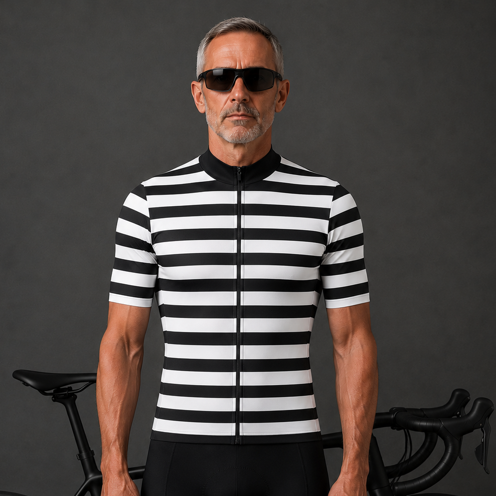A man wearing a black and white horizontally striped short-sleeve cycling jersey and black cycling shorts, standing in front of a black road bicycle against a dark gray studio background.