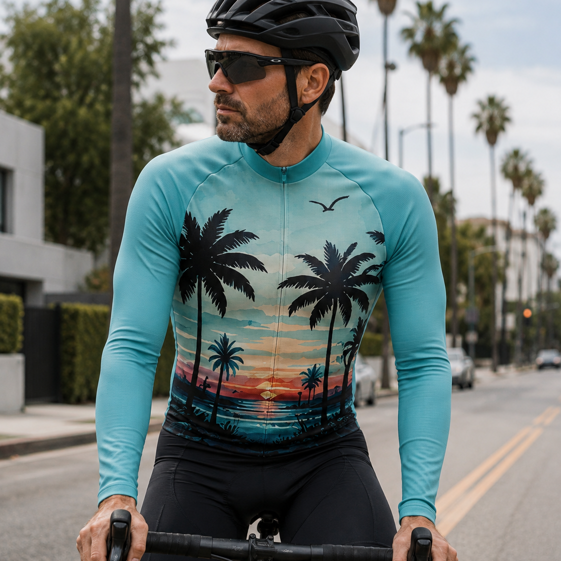 A man wearing a turquoise long-sleeve cycling jersey with a tropical sunset and palm tree print, black shorts, and a black helmet rides a road bike on a palm-lined street.